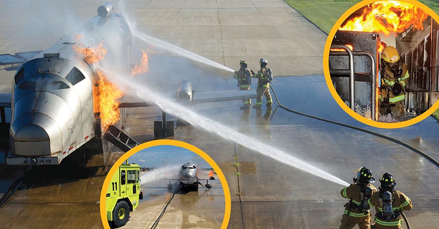 Firefighters extinguishing an airplane fire.