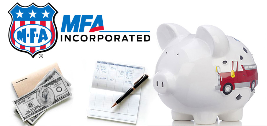 MFA Incorporated logo, a pile of cash, a checkbook ledger and a white piggy bank with a red fire engine painted on its side.