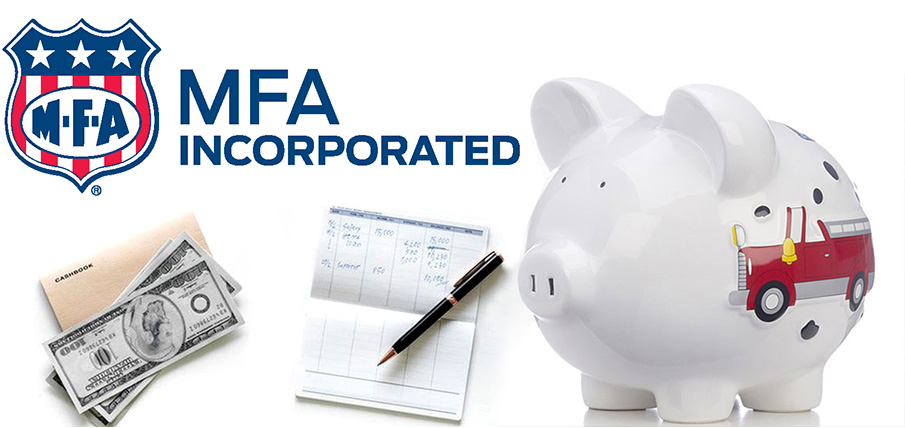 MFA Incorporated logo, a pile of cash, a checkbook ledger and a white piggy bank with a red fire engine painted on its side.