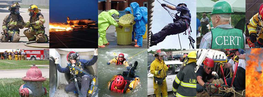 Collage of fire and rescue training scenes