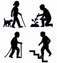 Illustrations of people doing activities including walking, gardening, and climbing stairs.