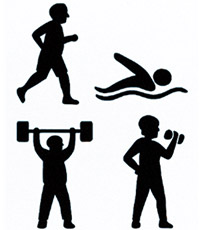 Illustrations of people exercising including running, swimming, and lifting weights.