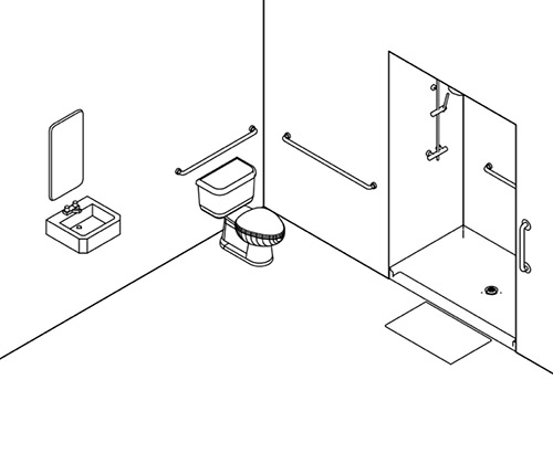 Diagram of a bathroom with grab bars and floor mat.