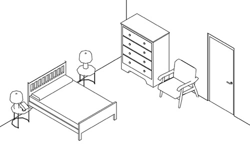 Diagram of a bedroom with clear floors, phone by the bed and chair for getting dressed.