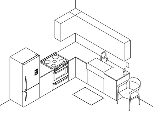 Diagram of a kitchen with floor mat, chair and landline.