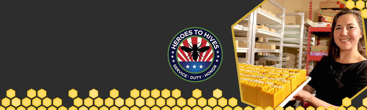 Woman showing honeycomb and Heroes to Hives logo