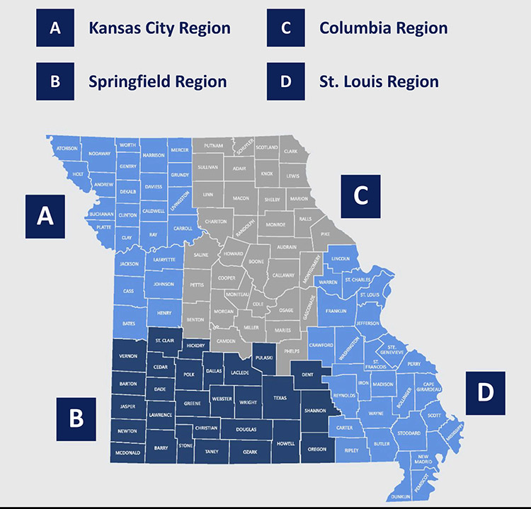 Map of Missouri APEX Accelerator regions.