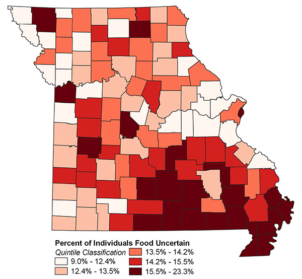 Missouri map showing percent of individuals who are food insecure