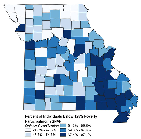 Missouri map showing percent of people who are income-eligible and participated in SNAP