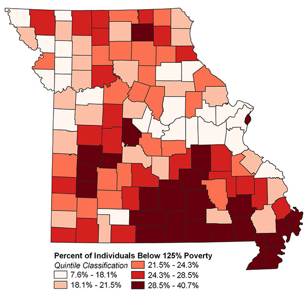 Missouri map showing percent of people who are income-eligible for SNAP