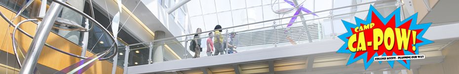 Camp CaPow banner - Teens walking through building