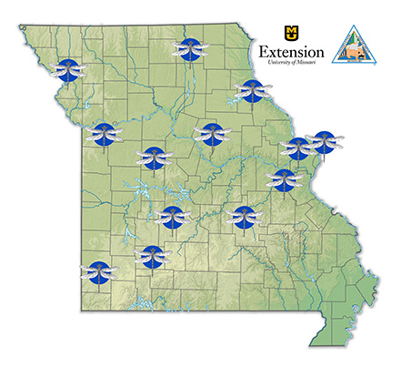 Map of Missouri with dragonfly symbols on counties where Master Naturalist chapters are located