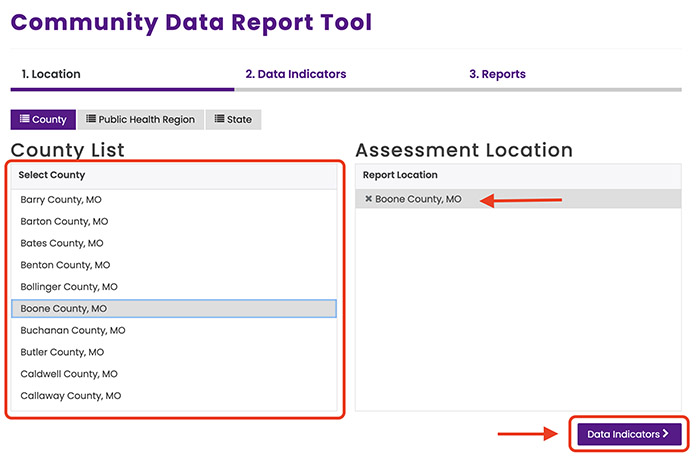 Screenshot showing how to select location in the Community Data Report Tool.