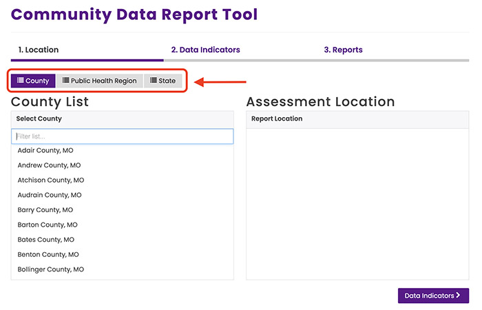 Screenshot showing how to select location type in the Community Data Report Tool.