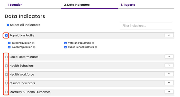 Screenshot showing how to select data indicators in the Community Data Report Tool.