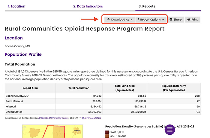Screenshot showing how to share and export your completed report in the Community Data Report Tool.