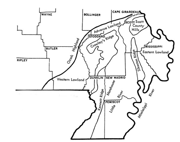 Physiographic map of Delta region in southeast Missouri