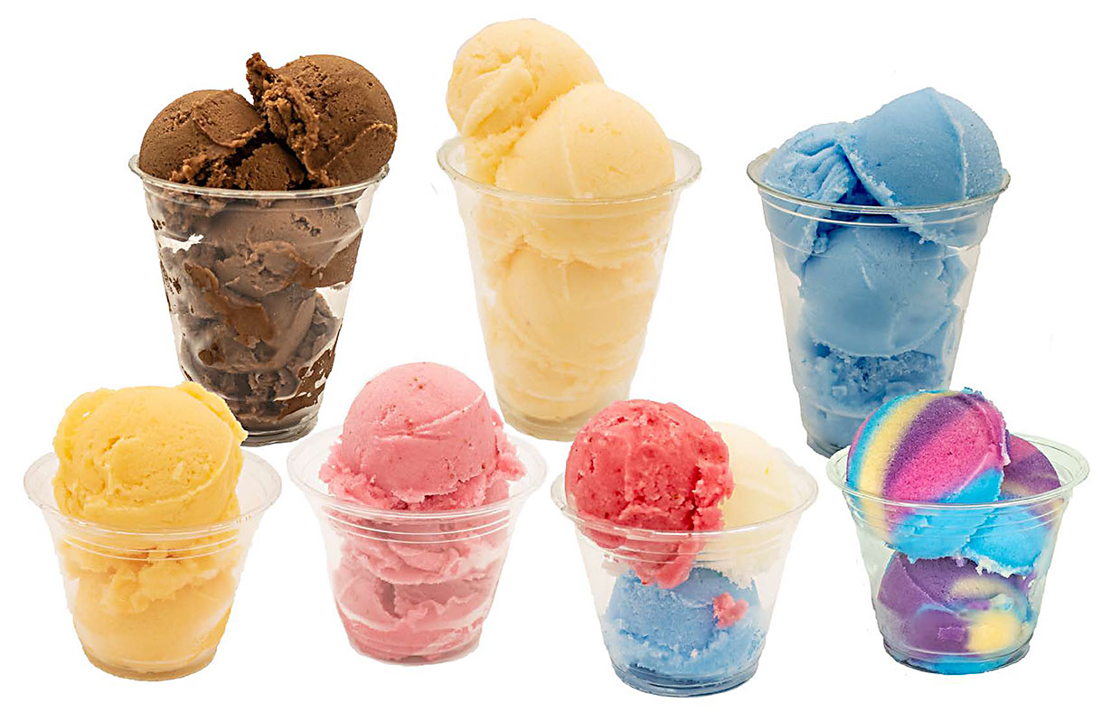A variety of Italian Ice flavors in individual cups