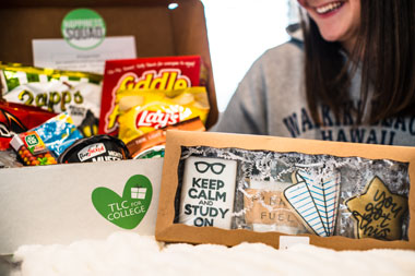 A young woman holding a box decorated iced cookies with the rest of the snack-filled box in the background. Photo property of TLC for College. Used with permission.