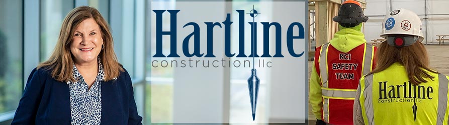 Jennifer Hart standing in office, Hartline Construction logo, and Jennifer Hart and a foreman at the KCI site. Images property of Hartline Construction. Used with permission.