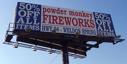 Powder Monkey Fireworks billboard.