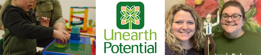 Unearth Potential logo, owners Anita Archer and Erin Phipps, and a young client.