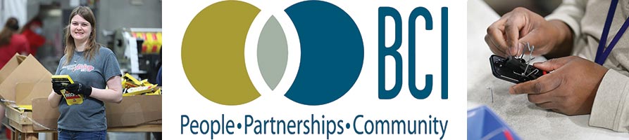 A woman packing a box, a man assembling a mousetrap, and the Boone Center Inc. logo of two intersecting circles with the words people, partnerships and community below them..