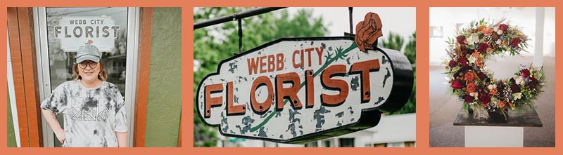 Courtney Smith, owner; Webb City Florist sign; and a floral arrangement.