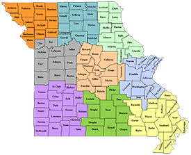 Missouri map with counties showing Show-Me-Select Program regions