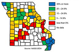 Link to a tabular version of a Missouri map showing the percentage of county land area planted with soybean in 2017.