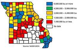 Link to a tabular version of a map showing range of bushels produced in each Missouri county in 2017.