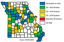 Link to a tabular version of a map showing range of average bushels per acre yield in each Missouri county in 2017.