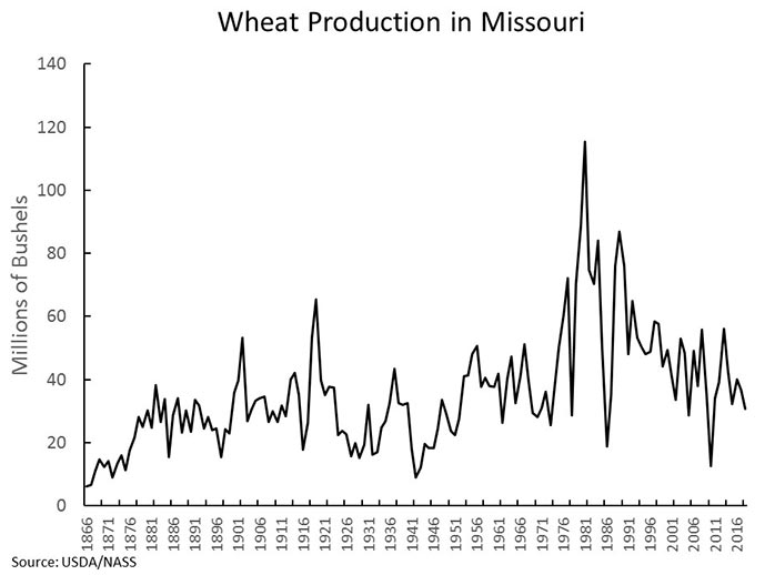 Chart showing Missouri wheat production in millions of bushels every five years, 1866 through 2016