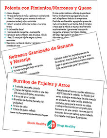 Three Spanish-language recipe cards.