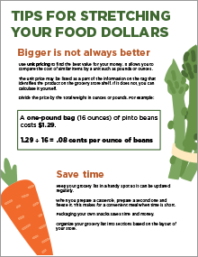 Eating on a budget handout sharing tips for stretching your food dollars.