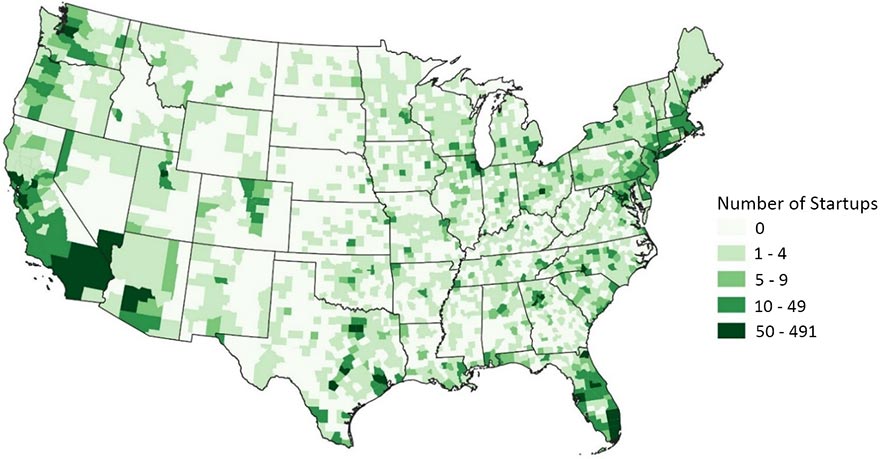 Map of the United States showing the number of food and beverage manufacturing startups in each county. Higher number of startups in metropolitan areas.