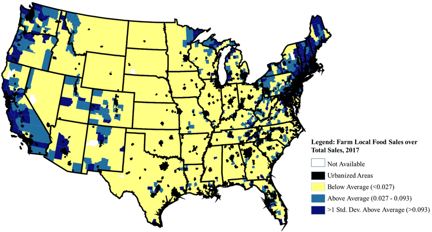 Map of the United States showing county level data of local and regional food sales as a share of total farm and ranch sales. Uses 2017 Agriculture Census data.