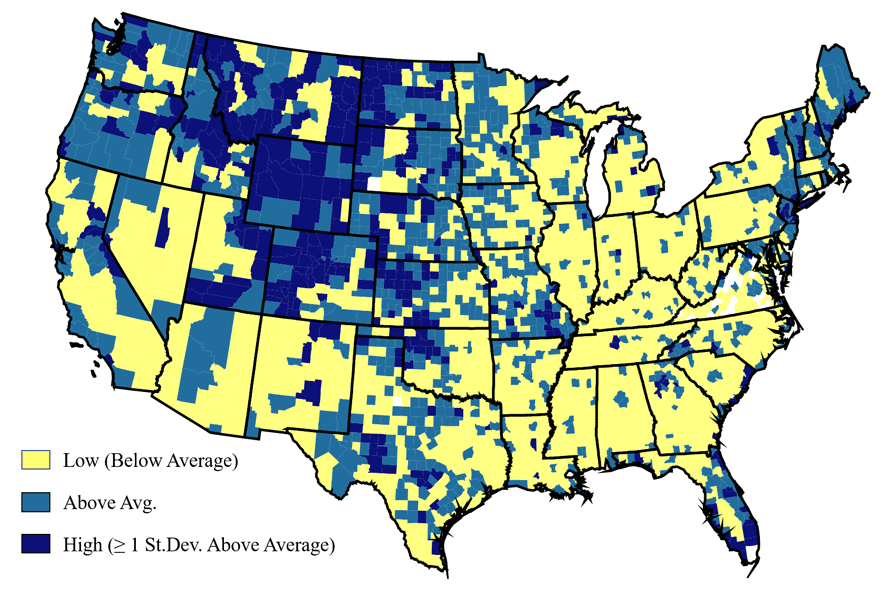 U.S. map showing establishment churn rates by county. Higher in northwest quadrant of the U.S.