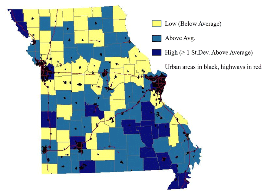 Missouri map showing employment establishment churn rates by county. Higher in the southeast part of the state.