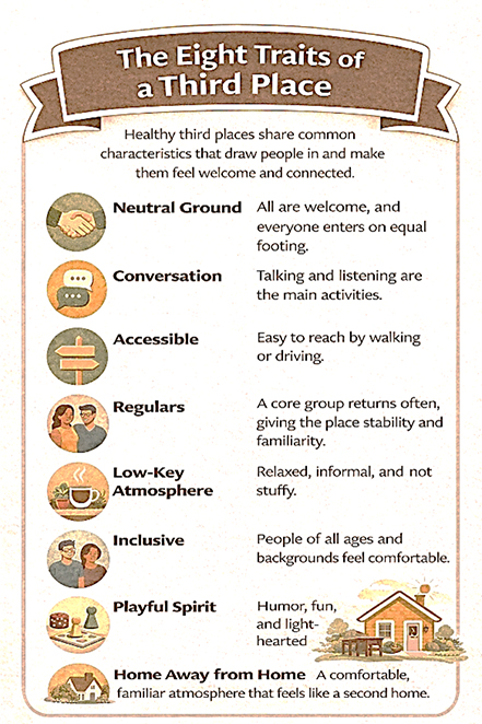 Eight traits of a third place - Neutral ground, conversation, accessible, regulars, low-key atmosphere, inclusive, playful spirit, home away from home.