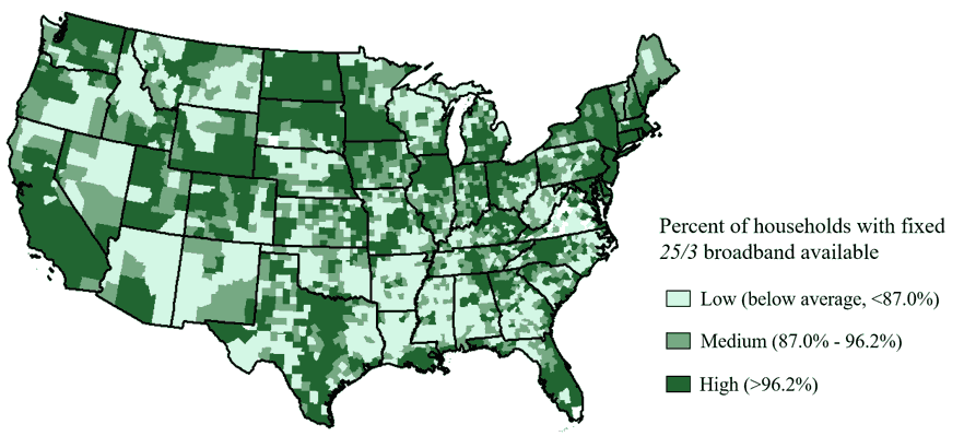 Map of the United States, with counties colored by percent of households with fixed broadband availability. Higher availability in the north central states, northeast states, most of California, and varied across the rest of the states.