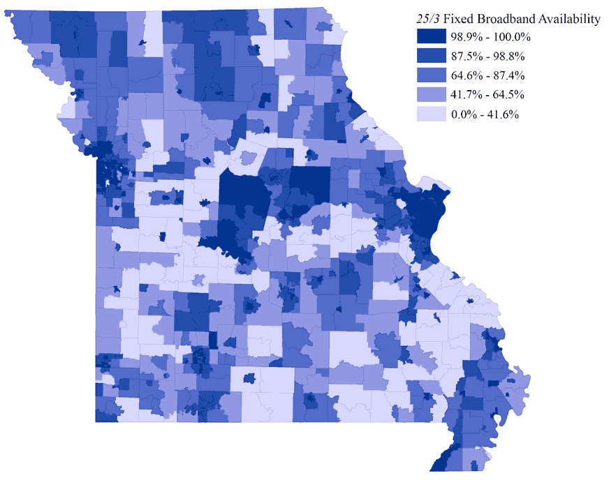 Map of Missouri, with counties colored by percent of households with fixed broadband availability. Higher availability in metro counties.