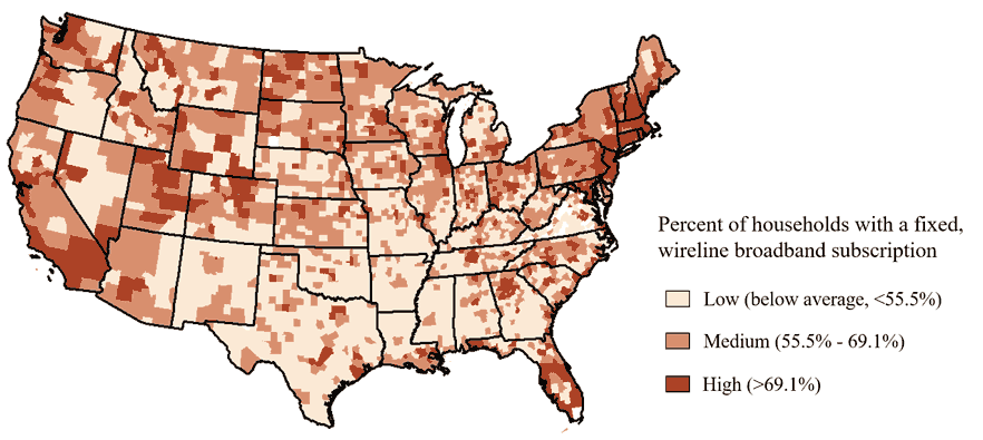 Map of the United States, with counties colored by percent of households with a wireless broadband subscription. Very few counties with high adoption (>69.1%).