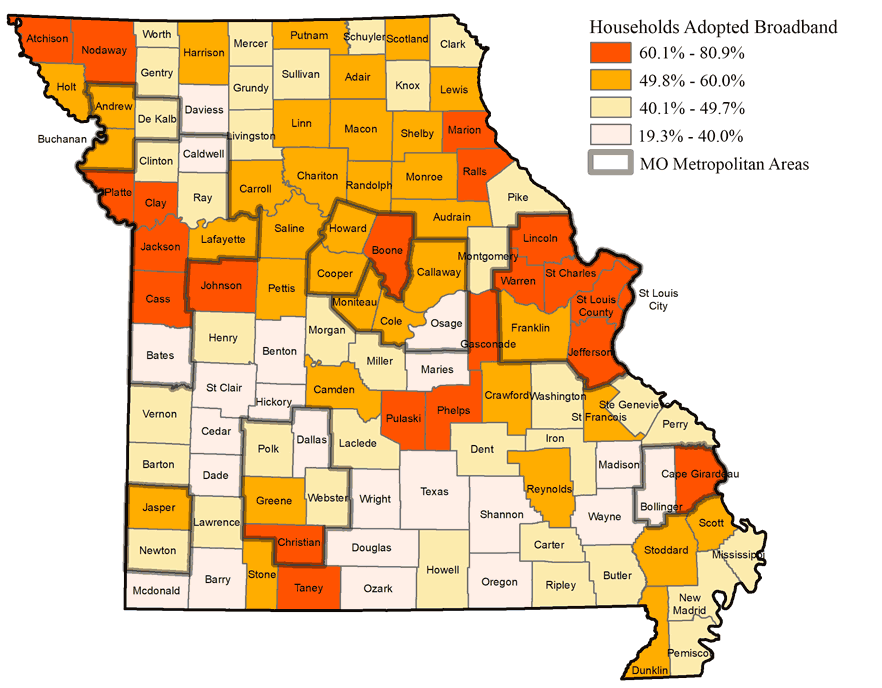 Map of Missouri, with counties colored by percent of households with a wireless broadband subscription. Mostly metro counties have high adoption (>60.1%).{C}{C}{C}{C}{C}{C}{C}{C}{C}{C}{C}{C}{C}{C}{C}{C}{C}{C}{C}<!--cke_bookmark_561S-->{C}{C}{C}{C}{C}{C}{C}{C}{C}{C}{C}{C}{C}{C}{C}{C}{C}{C}{C}<!--cke_bookmark_561E-->