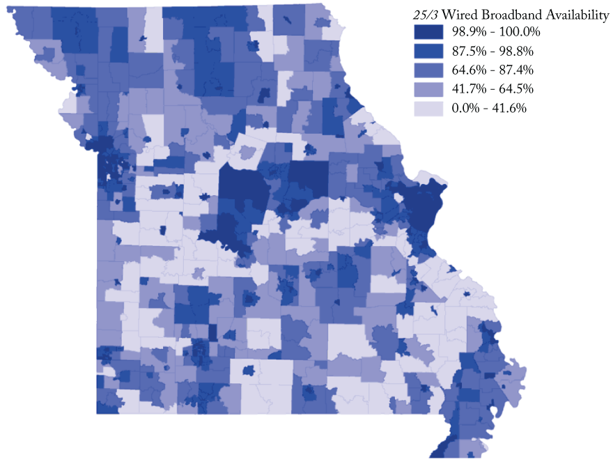 Map of Missouri showing 25/3 wired broadband availability.