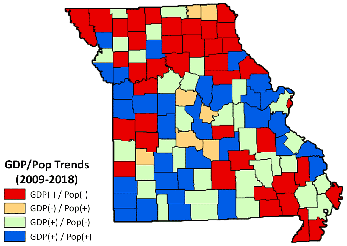 Missouri map depicting GDP and population trends by county. Categories include a) GDP decrease and population decrease, b) GDP decrease and population increase, c) GDP increase and population decrease, and d) GDP increase and population increase.