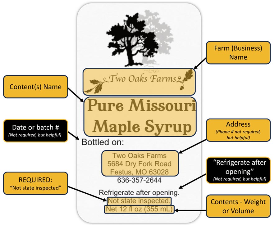 A maple syrup product label with appropriate information, including required elements regarding product contents and handling instructions.