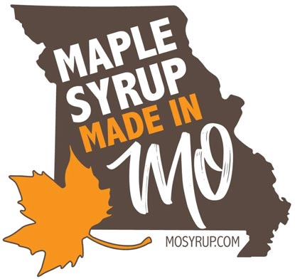 A maple syrup logo that includes a maple leaf, an outline of the state of Missouri and the wording “Maple Syrup Made in MO.”