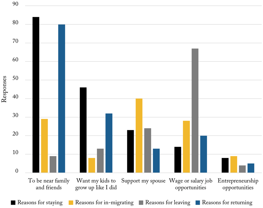 Graph showing reasons respondents stayed, in-migrated, left or returned.