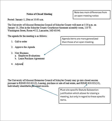 Closed meeting notice example